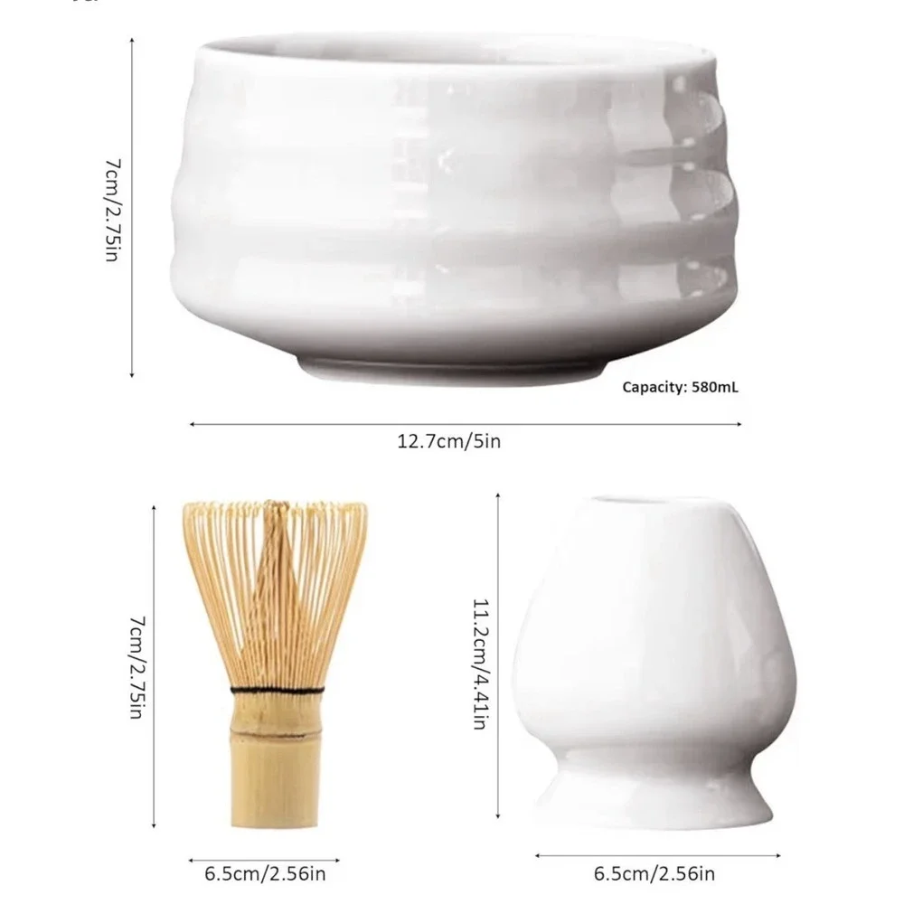 White Ceramic Matcha Tea Set with Bamboo‎ Whisk Scoop and Whisk Holder 4 Piece